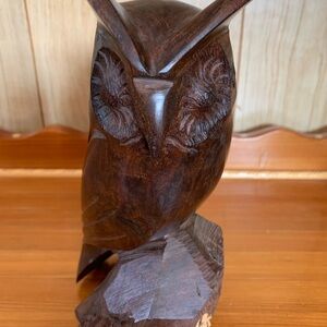 Majestic hand carved perched owl iron wood sculpture